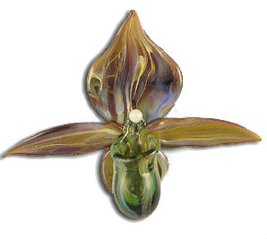 Green Brown Lady Slipper Orchid Lampwork Glass Bead Pendant