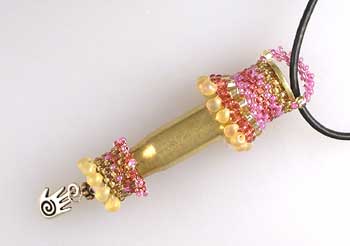 Pink Yellow Rifle Casing Bullet Peyote Stitch Necklace Pendant