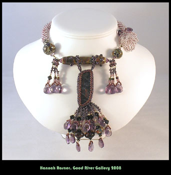 Beaded Beadwoven Lampwork Glass Bead Pietersite Purple Peyote Stitch Crochet Necklace